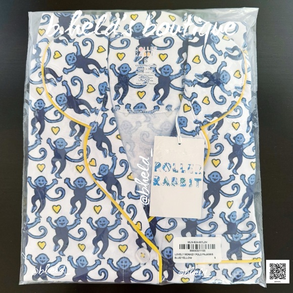 Roller Rabbit Lovely Monkey Polo Pajamas in Blue/Yellow Size Small Brand New NWT - Picture 13 of 14